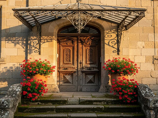Elegant stone building entrance with ornate wooden doors and vibrant red flowers