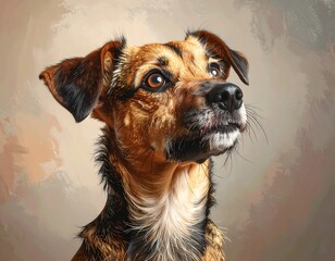 Close-up of a canine, expressive face, looking upwards