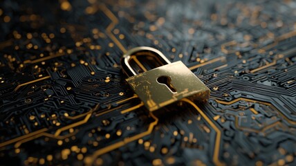 Digital padlock with glowing circuit pattern representing cybersecurity, data protection, and secure network technology concepts