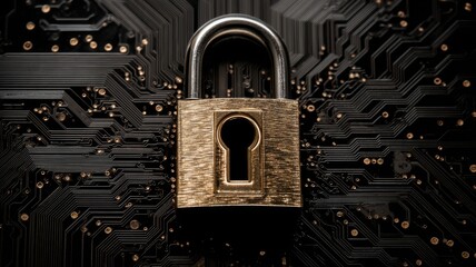 Digital padlock with glowing circuit pattern representing cybersecurity, data protection, and secure network technology concepts