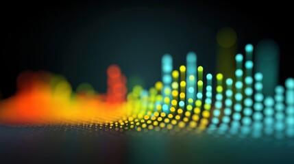 Colorful abstract sound wave visualization with vibrant dots representing audio frequencies and energetic waveforms against a dark background