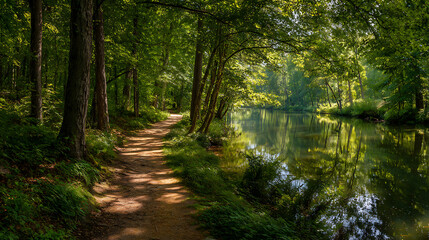 Sunlit forest path alongside a calm river reflecting green trees