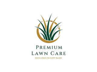 Premium lawn care service logo with grass and gold accents