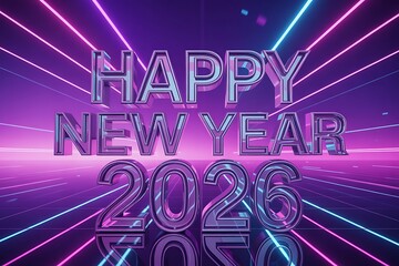 Happy New Year 2026 celebration with neon lights and purple background