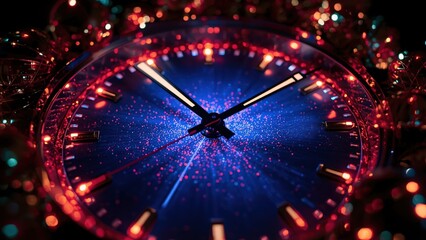 A close-up of a watch face with red and blue lights, showcasing a unique timepiece with glowing details and a futuristic design element.