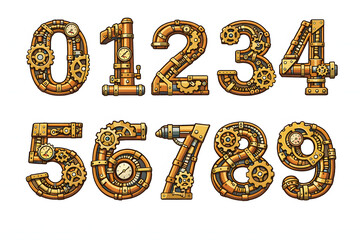 Fototapeta premium Steampunk Numbers: A set of ten intricately designed numerals, crafted in a captivating steampunk aesthetic, blending gears, pipes, and intricate detailing.