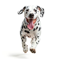 A Dalmatian dog running towards the camera with a happy expression and open mouth