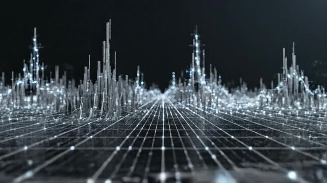 Abstract landscape with glowing lines and vertical elements, on a black backdrop, resembling a futuristic graph or city
