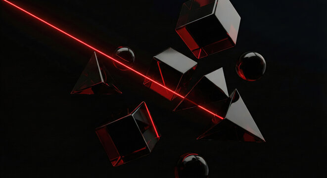 Abstract 3D render of black obsidian geometric shapes floating in a dark void, illuminated by a single thin beam of laser red light. - Powered by Adobe