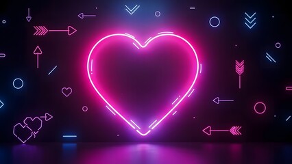 Neon Glowing Heart with Geometric Arrows and Shapes on Dark Background