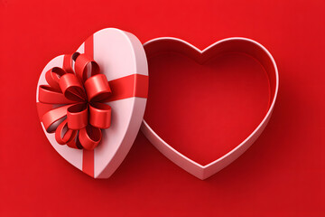 Open Red Heart-Shaped Gift Box with Ribbon on Red Background