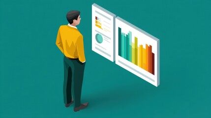 Man Analyzing Colorful Bar Graphs and Infographics on Large Displays in a Modern Business Environment for Data-Driven Insights and Strategy