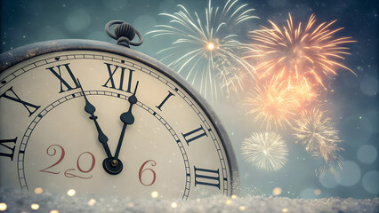 2026 New Year Card - Clock And Fireworks Waiting Midnight - Abstract Defocused Background