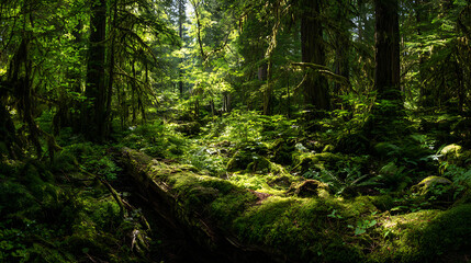 Obraz premium Sunlit moss-covered fallen log in a lush green forest