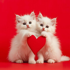 Two white kittens holding a heart