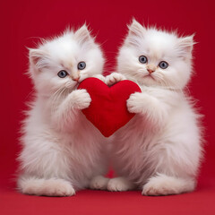 Two white kittens holding a heart