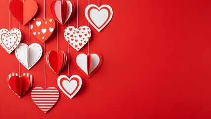 Assortment of red and white paper hearts hanging against a red background Valentine's Day love