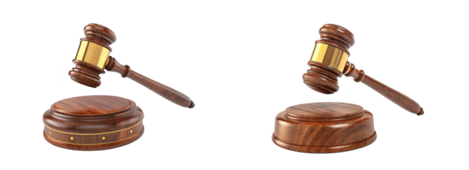 Detailed wooden gavel and sounding block set in a 3d render perfect for legal themes on transparent background