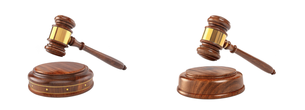 Detailed wooden gavel and sounding block set in a 3d render perfect for legal themes on transparent background - Powered by Adobe