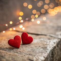 Two red hearts on concrete with bokeh lights