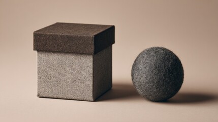A square box with a lid and a spherical object set against a neutral, plain background