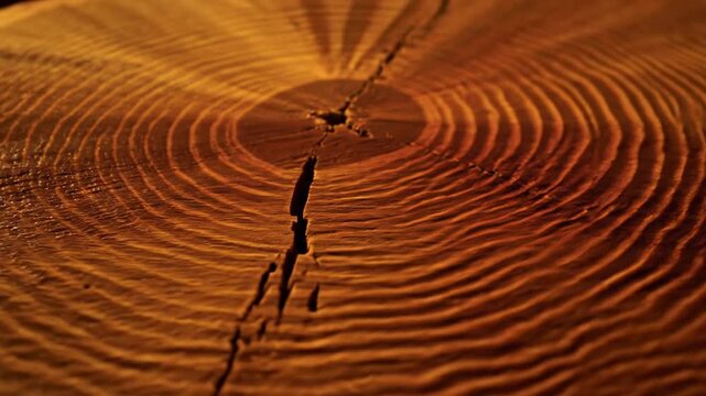 The abstract circular pattern of an old tree cross section resembles dry desert sand ripples and textured brown landscape dunes bathed in summer sun
