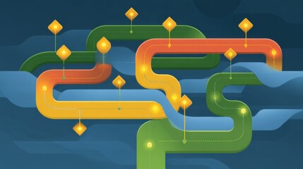 Abstract colorful flow chart design with pathways, geometric shapes, and luminous elements over a gradient blue background for creative projects