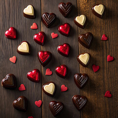 Scattered heart-shaped candies on wooden surface