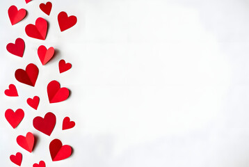 Scattered Red Paper Hearts Vertical Border on White Background