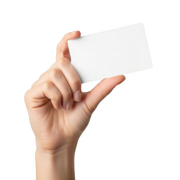 Hand holding a blank white card isolated on transparent background