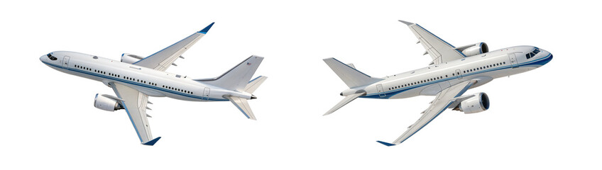 Obraz premium Detailed illustration of a commercial passenger airplane from two different angles on transparent background high quality