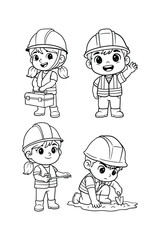 Cute Kids Construction Worker Line Art Set, Cartoon Builder Characters Outline for Children Coloring Page