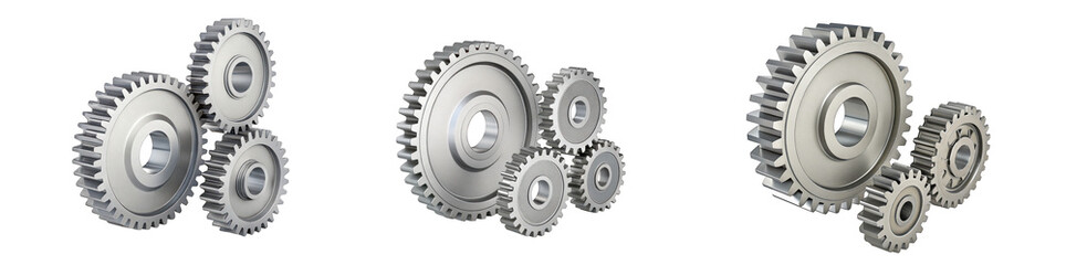 Detailed silver metal gears in various arrangements stacked and isolated on transparent background high quality professional
