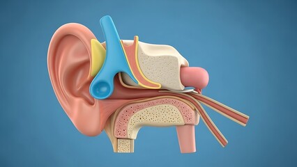 Detailed anatomical illustration of the human ear structure viewed from a lateral cross-section perspective