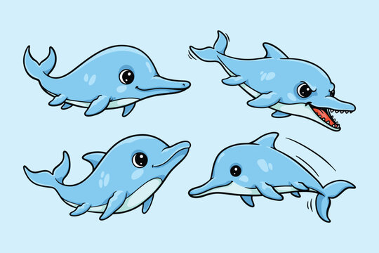 Cute Baby Ichthyosaurus Dinosaur Cartoon Set, Kawaii Sea Dino Character Collection for Kids Nursery Design