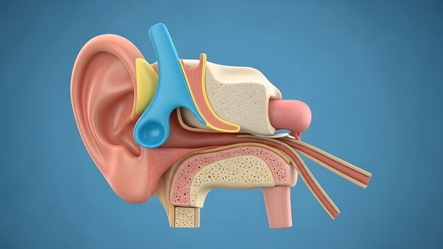 Detailed anatomical illustration of the human ear structure viewed from a lateral cross-section perspective