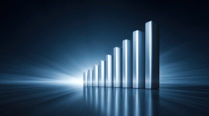 Abstract representation of growth and progress with illuminated bars depicting increasing levels on a dark reflective surface