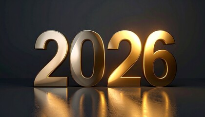 Shiny gold 2026 numbers on dark background with reflection
