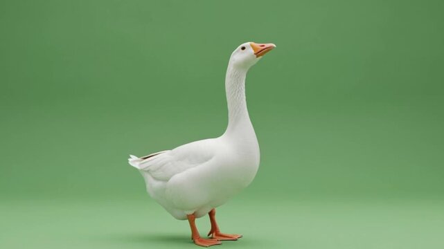 Realistic white domestic goose standing isolated on a solid green screen background. Side view of a farm bird with orange beak and webbed feet, ready for chroma keying and compositing