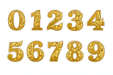 Golden Numeral Set: A meticulously crafted set of golden numerals, each adorned with intricate, decorative patterns, exudes elegance and timeless appeal.