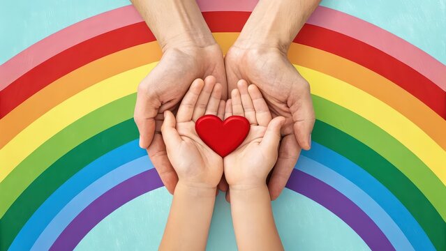 Adult and child hands holding red heart over rainbow background, love and care concept, family support and protection symbol, diversity and inclusion theme, kindness and compassion message, colorful