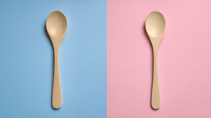 Two Wooden Spoons on Pink and Blue Backgrounds down