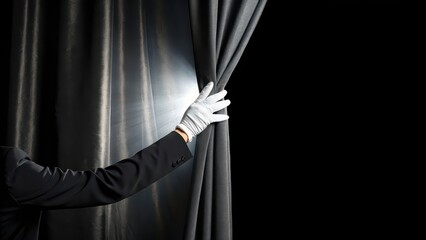 Elegant white-gloved hand opening stage curtain with dramatic spotlight, concept for reveal, presentation, theater performance, luxury event, unveiling, announcement, or anticipation