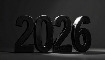 Shiny black 2026 numbers on dark background with spotlight effect