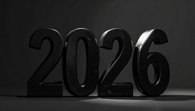 Shiny black 2026 numbers on dark background with spotlight effect - Powered by Adobe