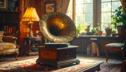 Vintage Gramophone in a Cozy Living Room Setting.