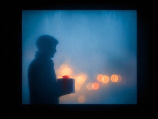 Gift exchange celebration city street photo nighttime side view emotional connection