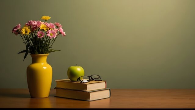Still life with flowers books and an apple