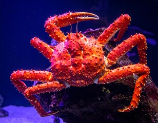 Large red crab, its spiky shell and legs are detailed, in a blue tank
