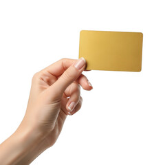 Fototapeta premium Hand holding a gold credit card isolated on transparent background